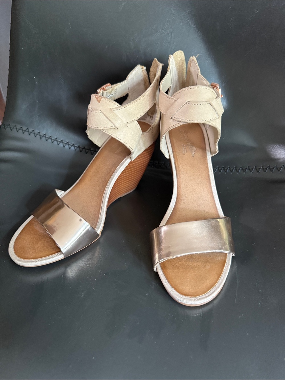 Women's Metallic Rose Gold and Beige Wedge Sandals